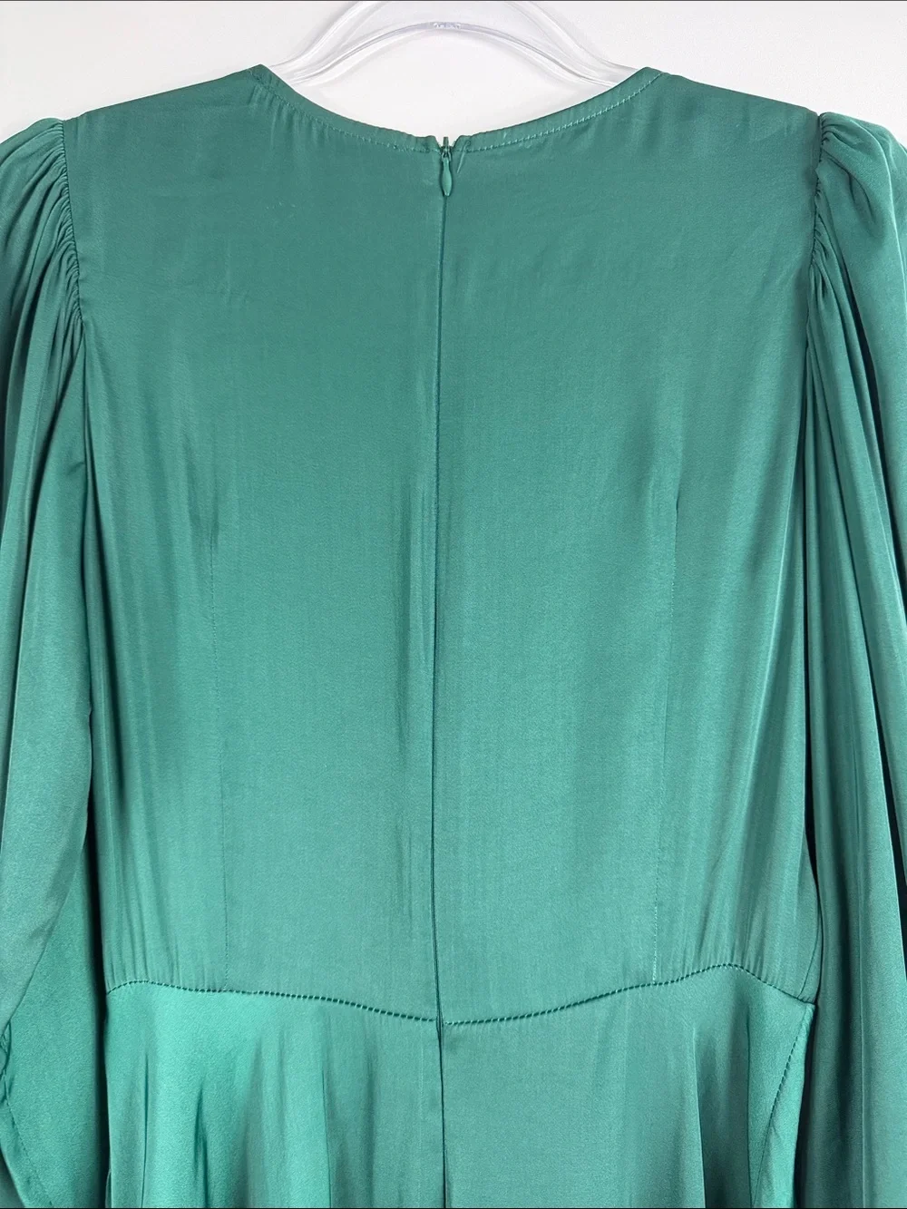 Saints + Secrets Deep Teal Satin Tie-Front Mini Dress Puff Sleeve S